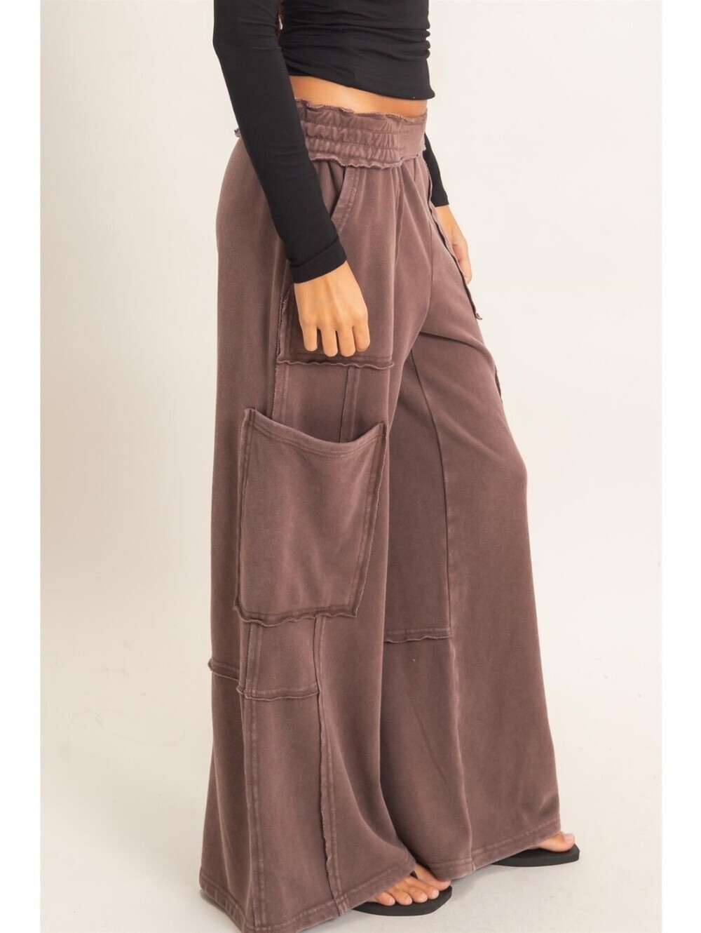 CloudDwellers Brown Mineral Washed Cotton Blend Wide Leg Cargo Sweatpants - Picture 2 of 7